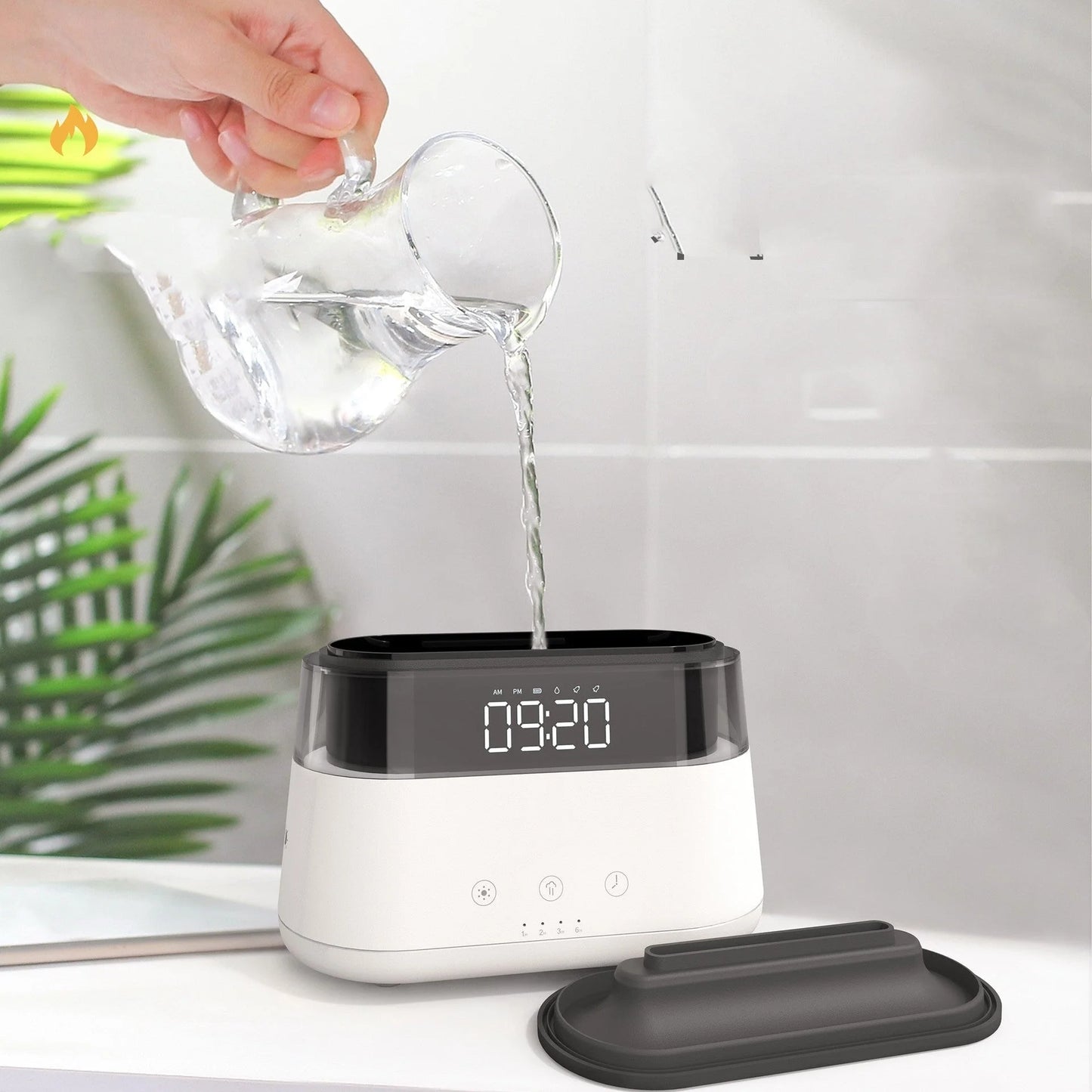 White flame humidifier with clock and aroma diffuser for home use