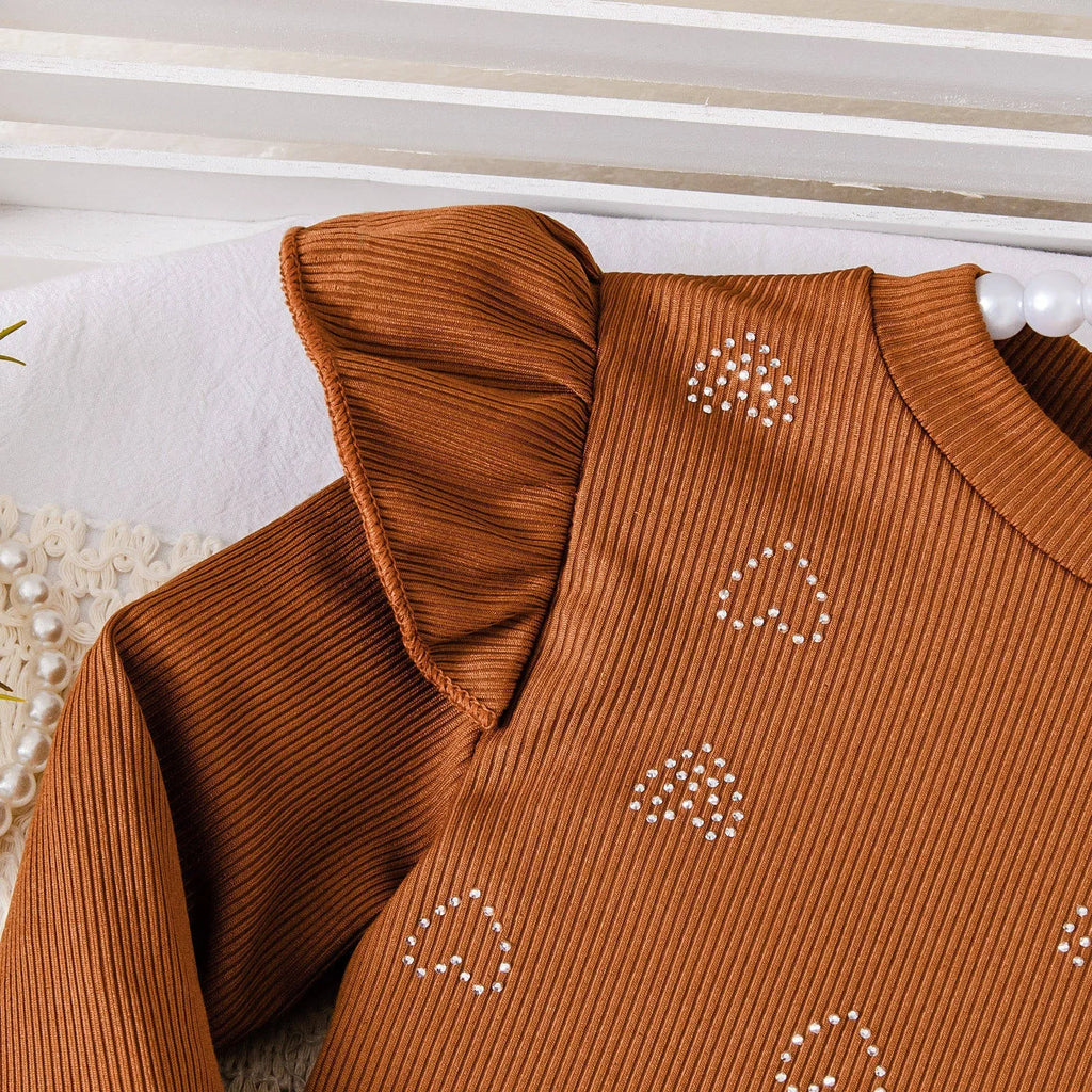 Brown cotton long-sleeve printed striped dress set with short skirt for girls 90-130cm