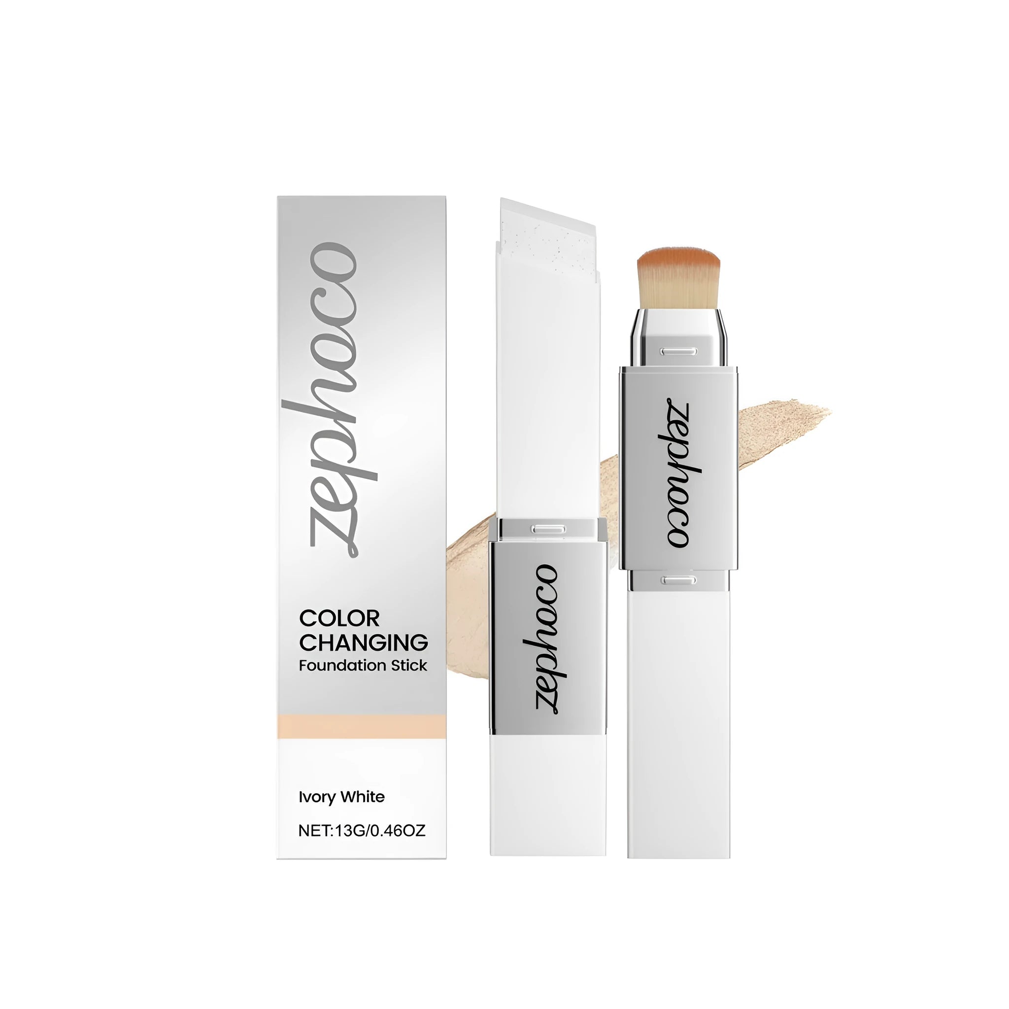 Two-in-one colour changing foundation stick in stick form with three colour options: dark complexion, ivory white, and natural color