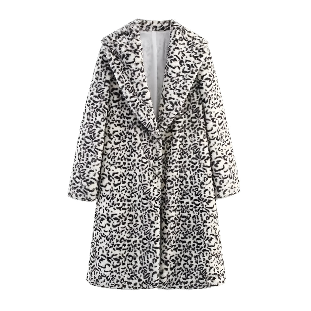 Leopard print lapel loose fake fur long sleeve coat with pockets for women street hipster style