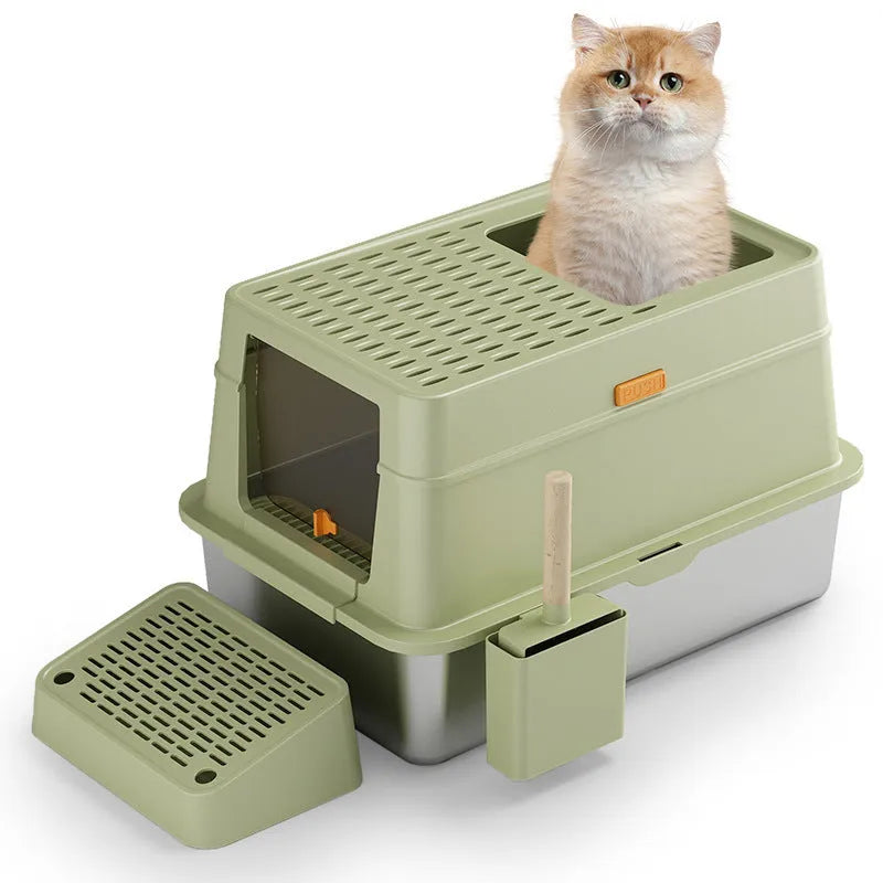 Grey enclosed hooded cat litter tray with foot pedal, showing stainless steel interior
