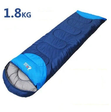 Blue camping sleeping bag with removable inner liner, compression straps, and waterproof 190T polyester shell