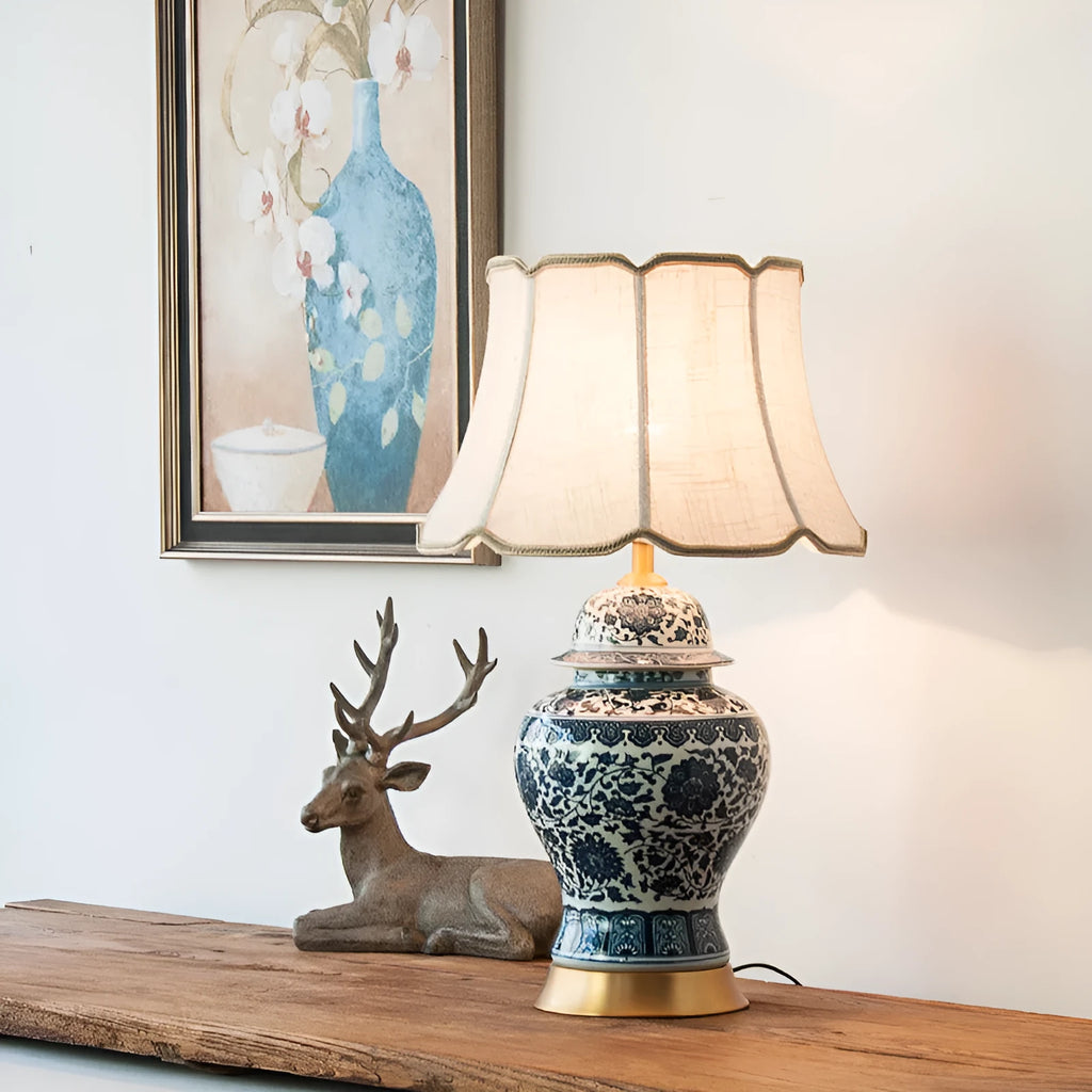 Blue and white Chinese porcelain table lamp with handmade cloth shade on copper base