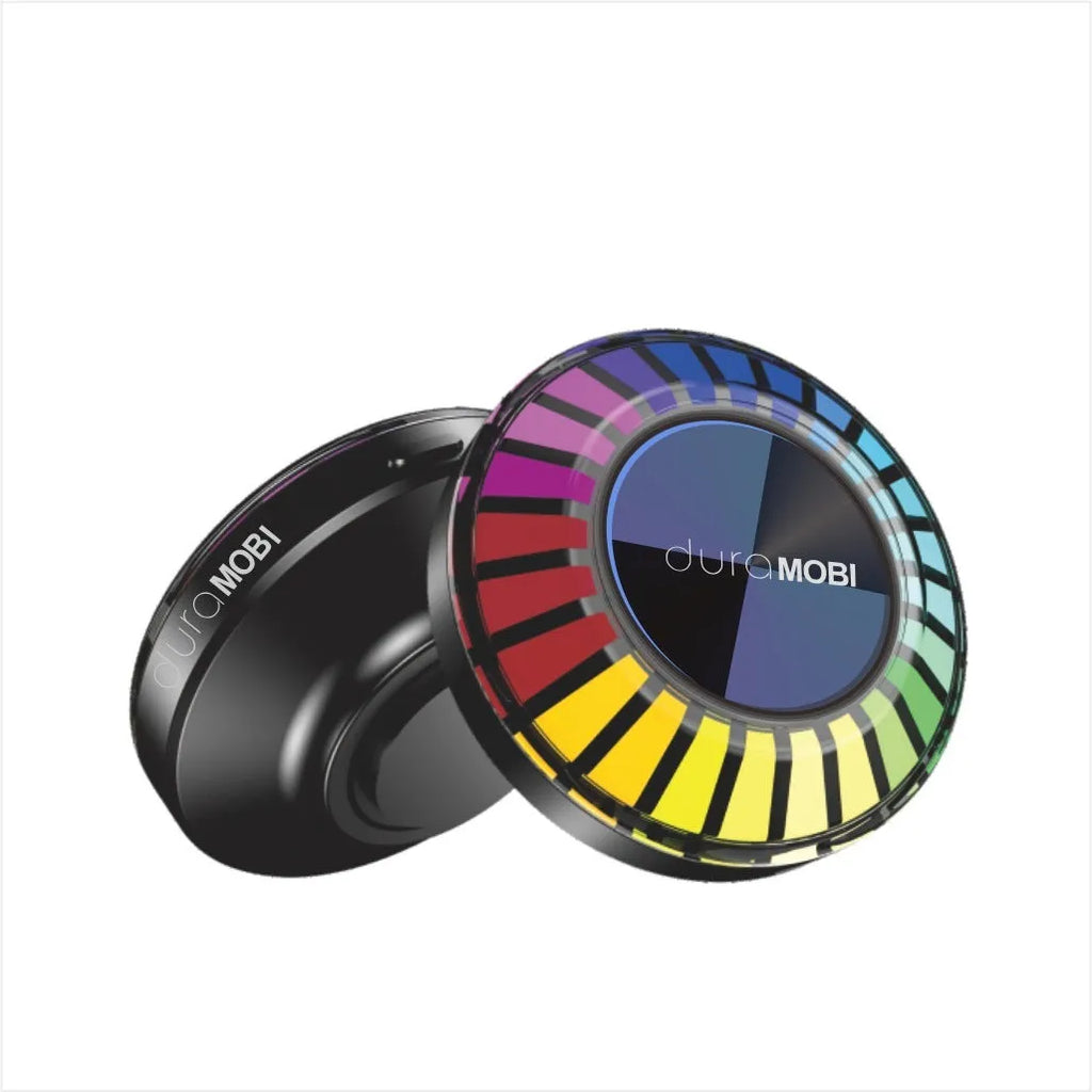 Black portable wireless Bluetooth subwoofer with 72-colour breathing rhythm lighting on a desktop