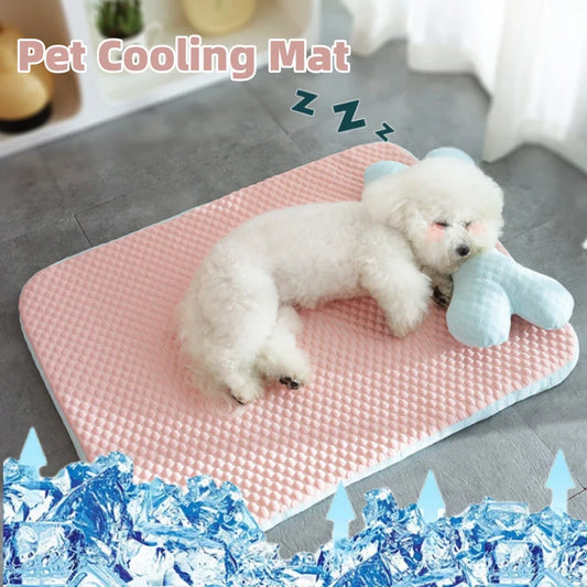 Breathable Cooling Pet Mat for small to medium dogs and cats in pink with big-eyed animal theme