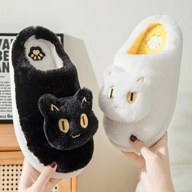 Cotton cat slippers with memory foam insole in black, white, gray, and pink
