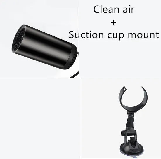 Portable 150W car heater with 360-degree rotating bracket, black and grey, 15x7cm, for defrosting and defogging vehicle windscreens