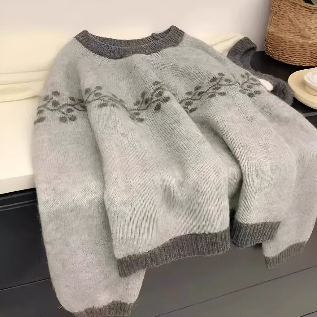 Korean style round neck jacquard colour-matched loose fit sweater in apricot, gray, and brown colourways