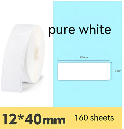Pack of white D11 waterproof thermal label paper, 12x40mm size, showing clear printed text on resistant surface