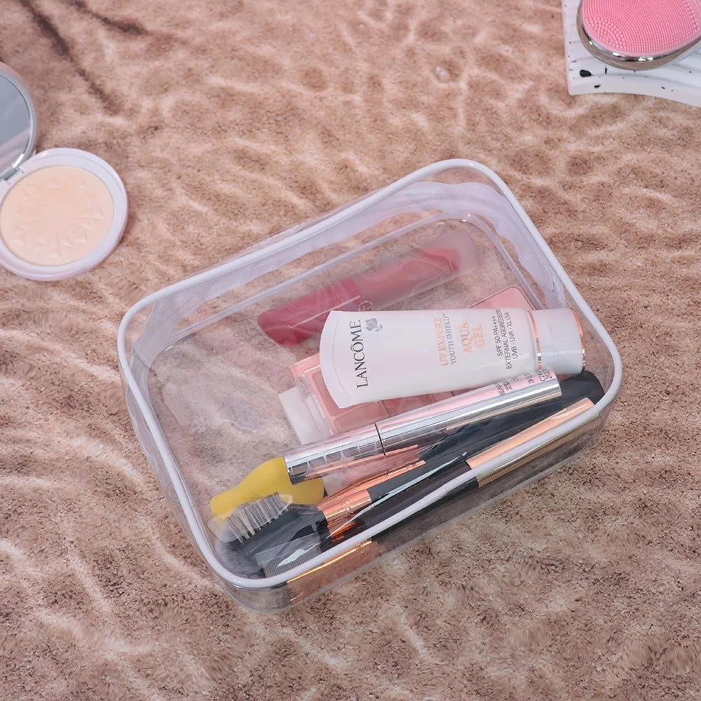 Set of three semi-transparent PVC makeup bags in black, pink, and white colours for Labubu and cosmetic storage