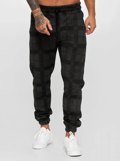 Men's checkered 3D digital print cotton trousers with tapered fit and elastic waistband