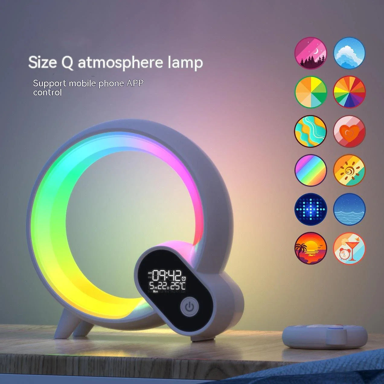 Sunrise-simulating alarm clock with Bluetooth connectivity, soothing white noise, and customizable RGB lighting for a relaxing sleep and wake-up experience