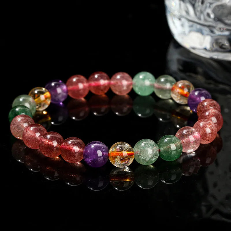 Natural tourmaline colour strawberry quartz bracelet with round beads in geometry style