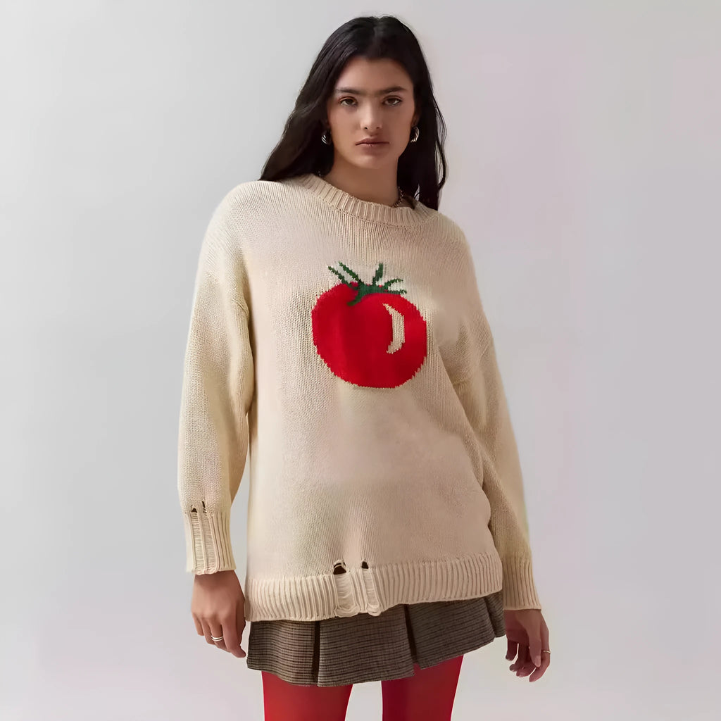 Milky white women's jacquard knit pullover sweater with round neck and long sleeves