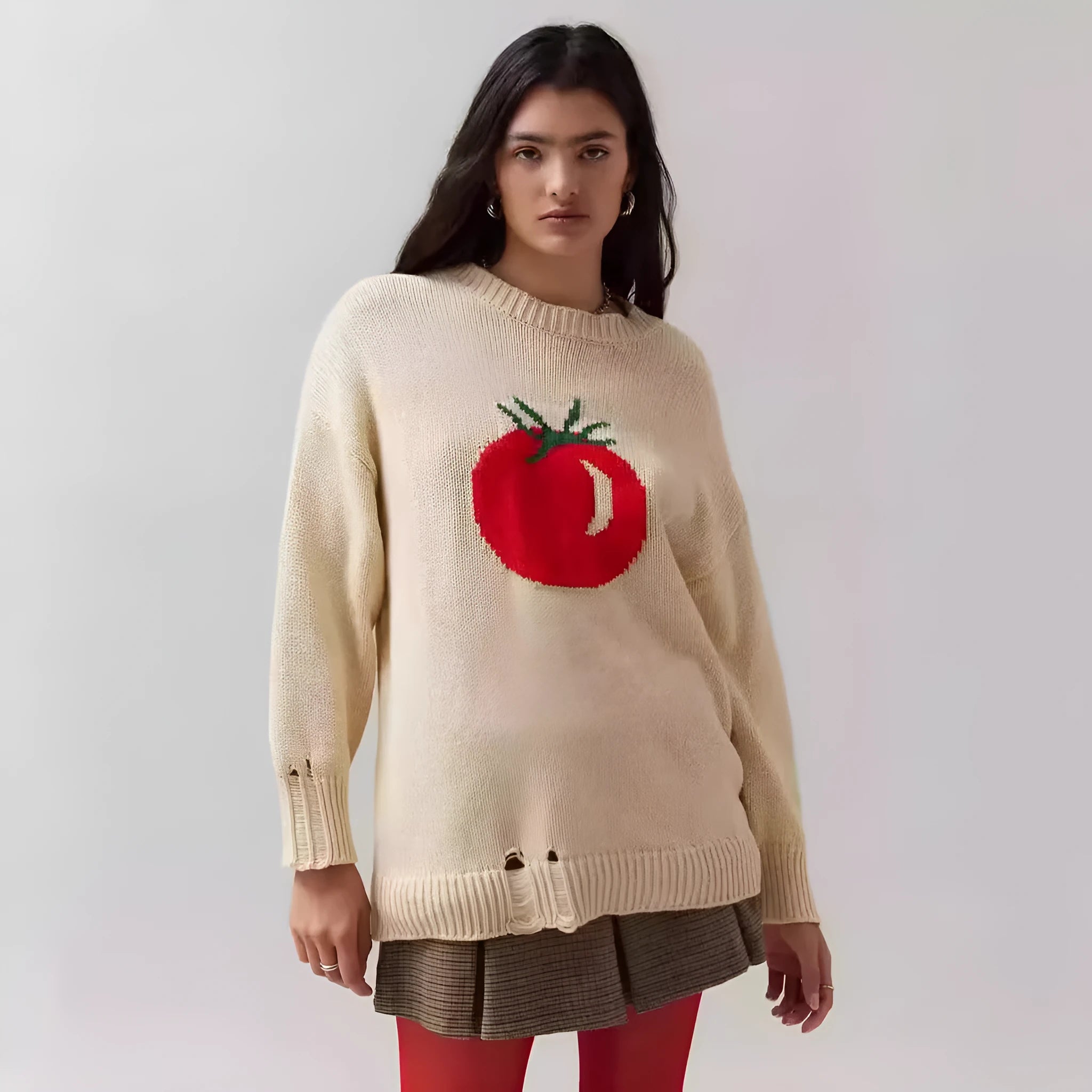 Milky white women's jacquard knit pullover sweater with round neck and long sleeves