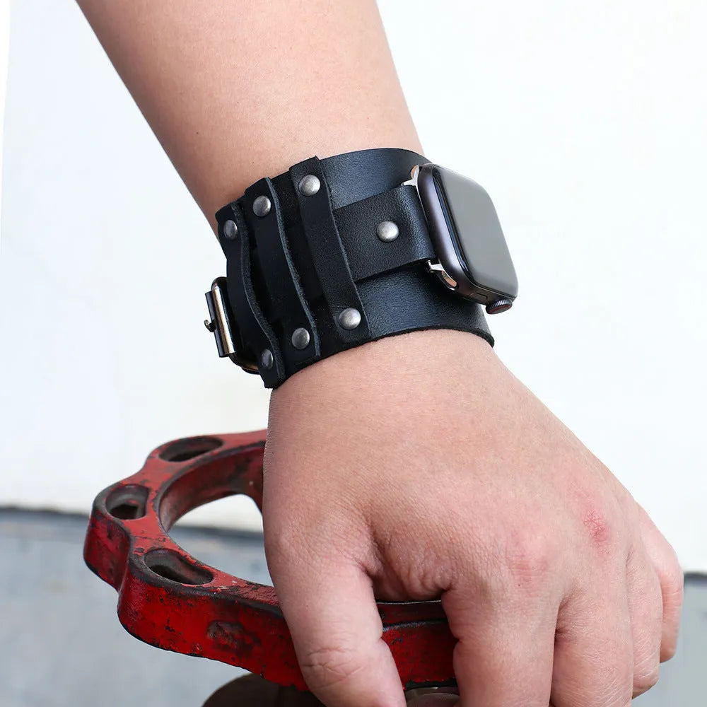 Genuine cowhide watch strap punk style black leather band for 38/40mm watches