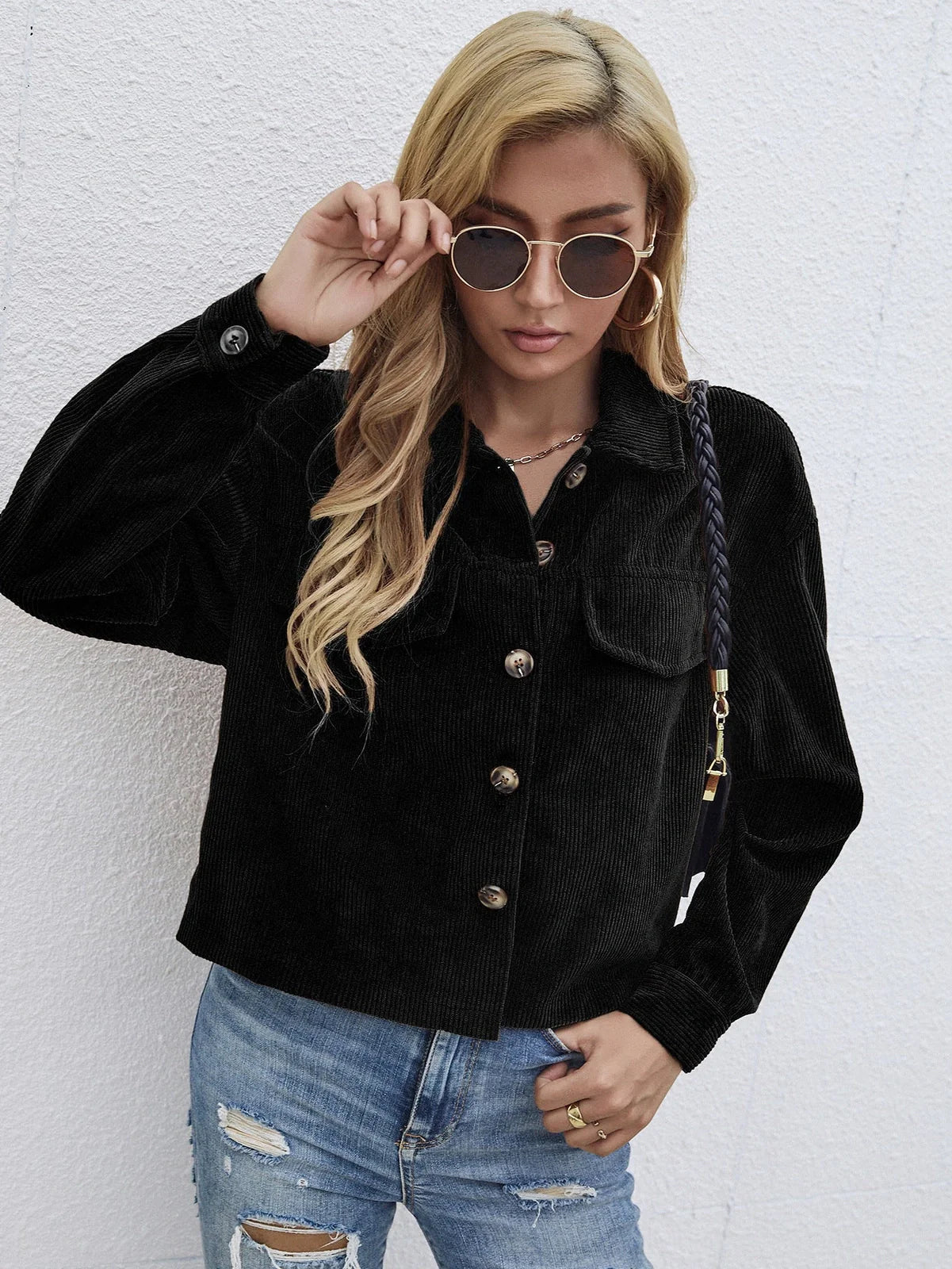 Women's brown corduroy slim coat with long sleeves and street hipster styling