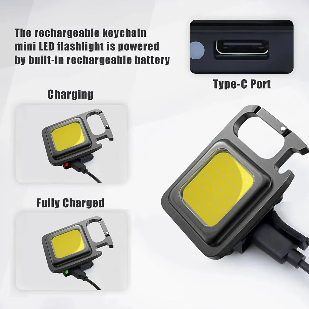 Mini rechargeable COB keychain flashlight with 400 lumens, USB cable, and hook for hands-free use as work light