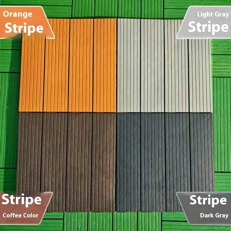 Ten wood grain style plastic floor tiles showing splicing edges and non-slip surface texture.