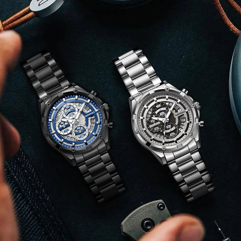 Men's waterproof luminous casual quartz watch with steel band in three colourway options.