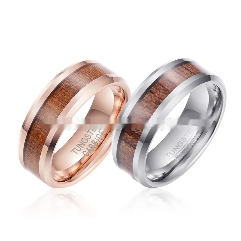 Men's Ugyen tungsten ring with 8mm wide U-shaped band in rose gold or steel colour.