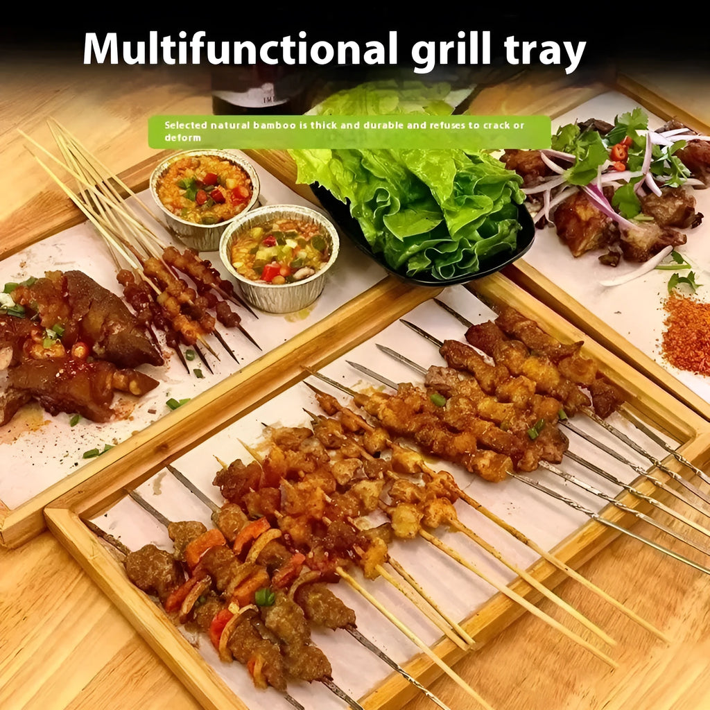 Square bamboo barbecue plate tray with brown handle in pastoral design