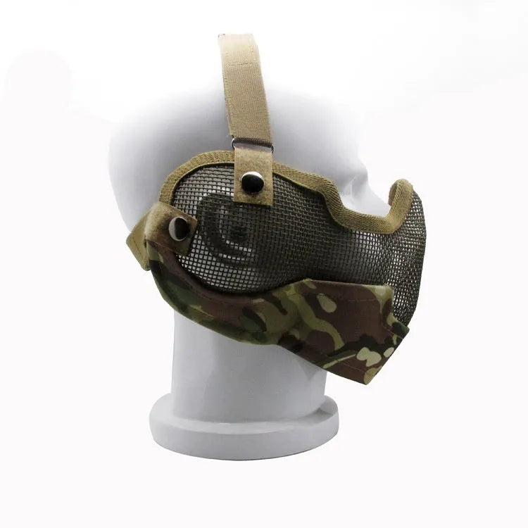 Carbon steel net protective face mask with head-mounted straps in a camouflage pattern.