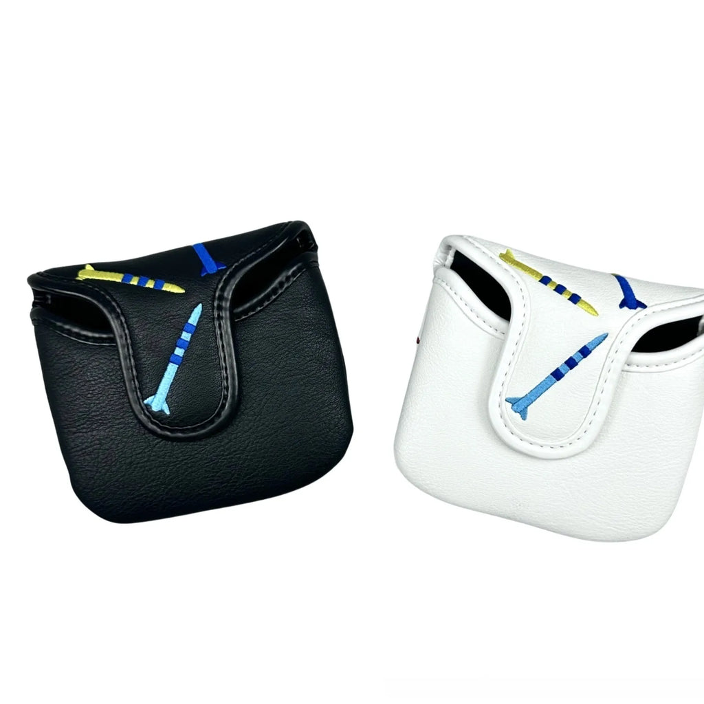 Square black golf putter head cover with white rocket pattern design