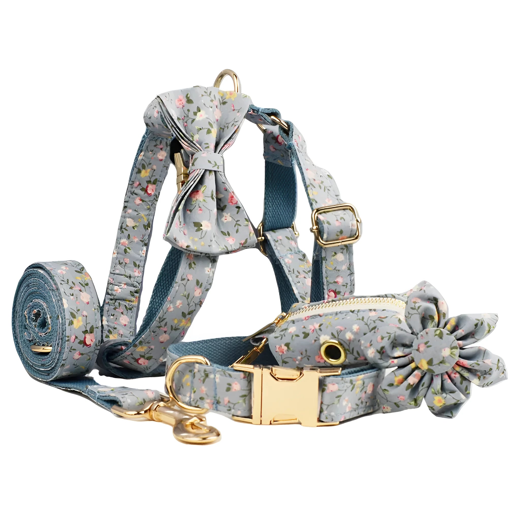 Floral pattern dog collar and matching accessories set in cloth material