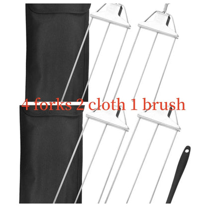 Stainless steel 3-prong BBQ skewer forks for perfect kebabs, non-stick and reusable.