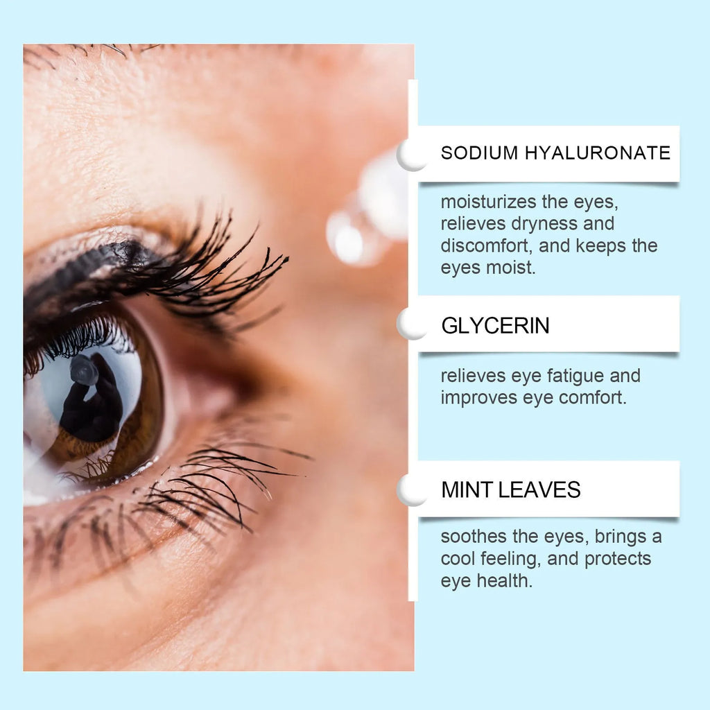 Bottle of moisturising eye drops with mint leaf extract and sodium hyaluronate