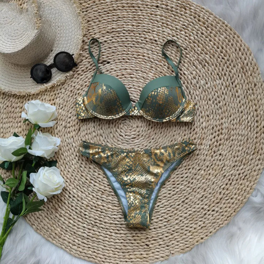 Women's green bikini swimsuit with push up bra and bronzing split shorts