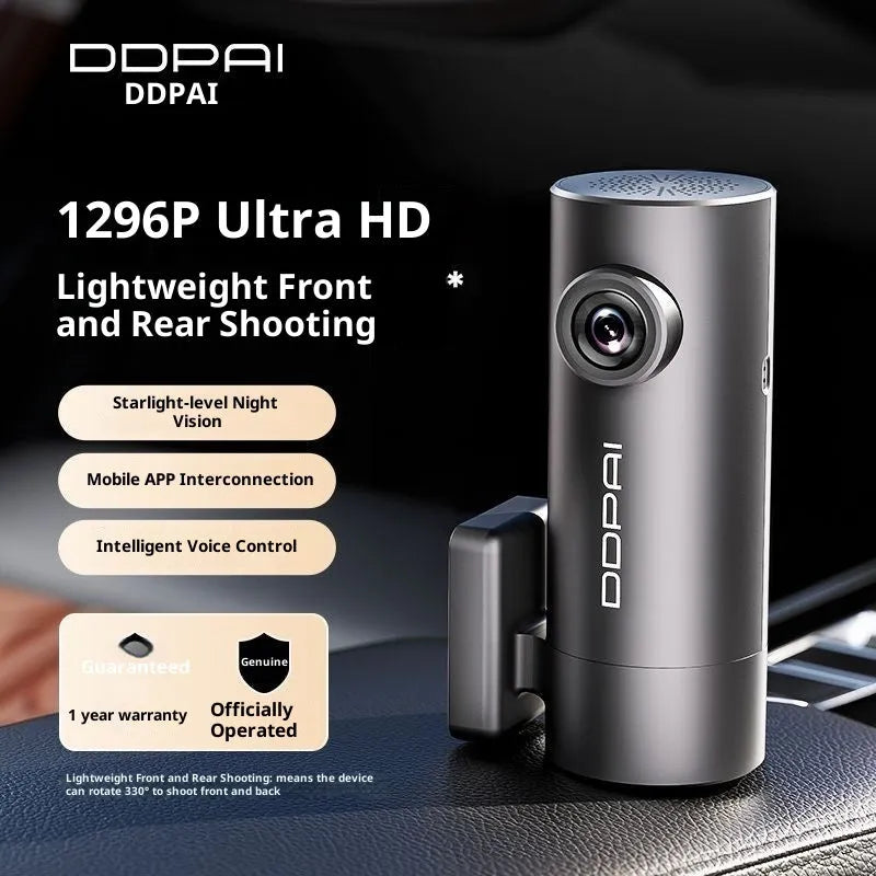 Mini Lite driving recorder with 1296p resolution, starlight night vision, 140-degree lens, and built-in Wi-Fi module on windscreen
