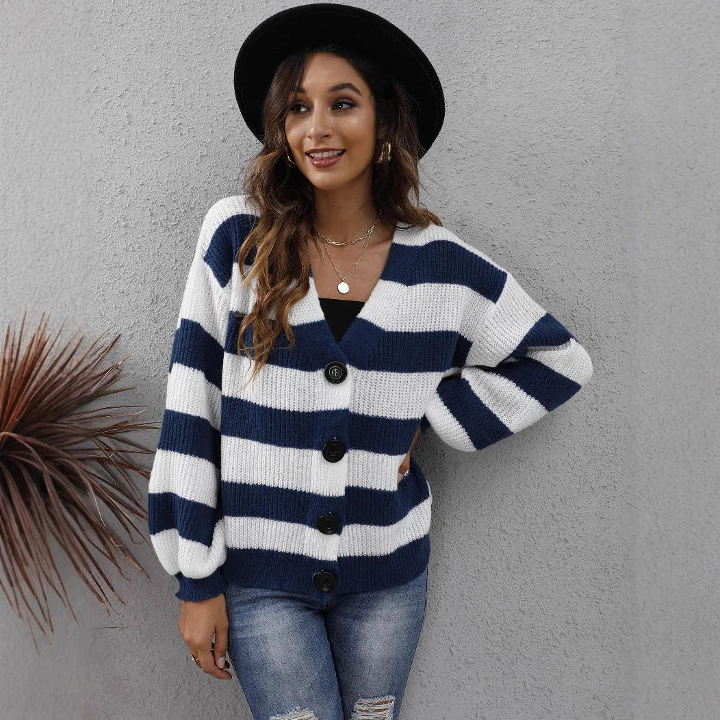 Women's striped deer plush woven cardigan sweater in blue, shown with button front and regular sleeves.