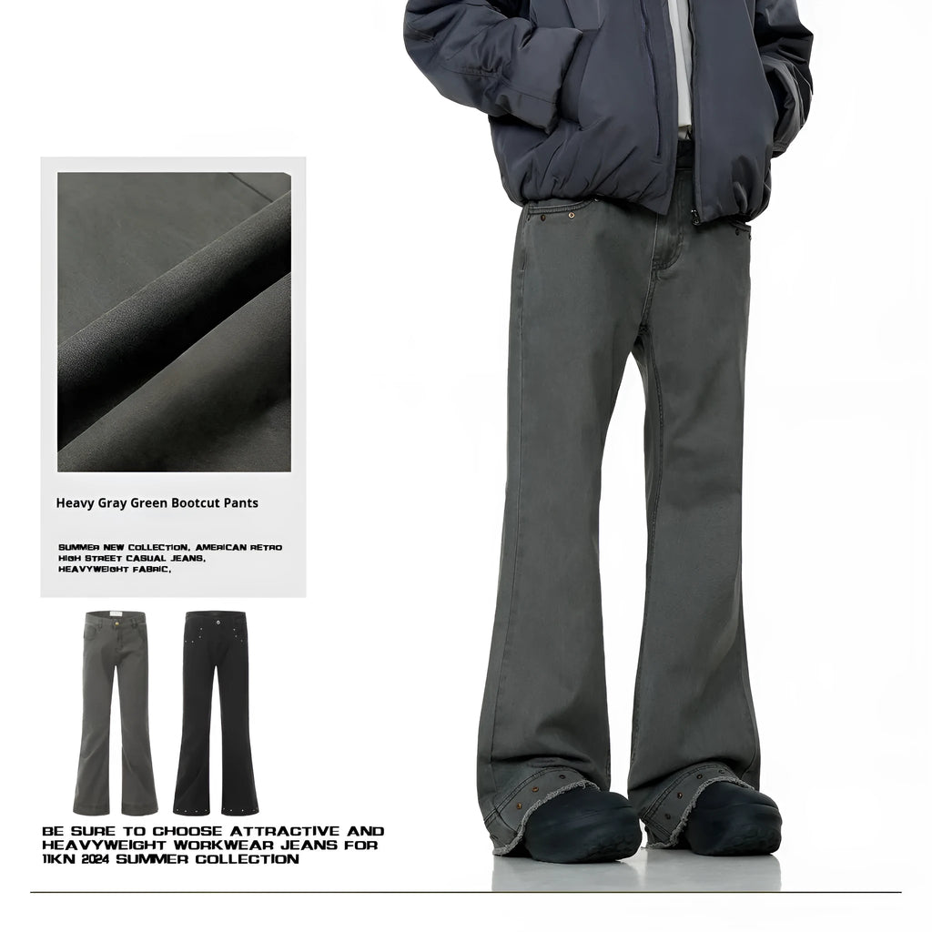 American retro skinny jeans in black and grey green, straight leg with mid waist and zip fly.