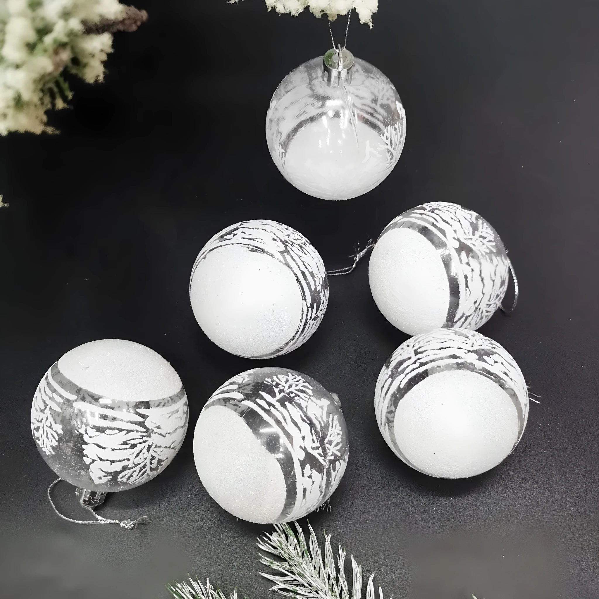 Set of 6 hand painted transparent acrylic Christmas baubles 6cm in diameter