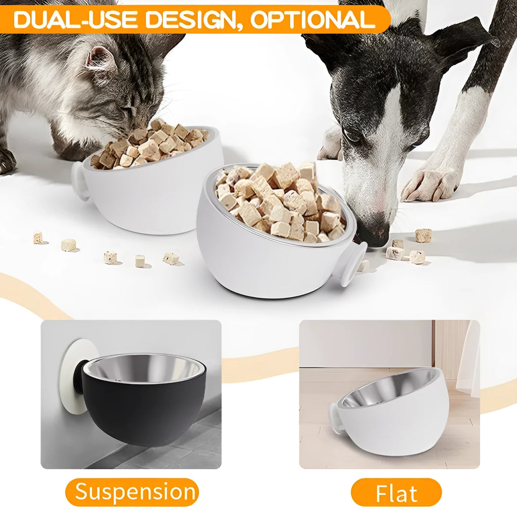 Magnetic pet bowl cat and dog feeder with stainless steel inner, white colour, on floor