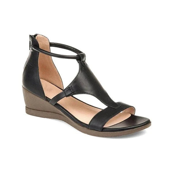 Stylish wedge heel sandals in a variety of classic colors, featuring a round toe design and convenient back zipper closure for easy on and off.