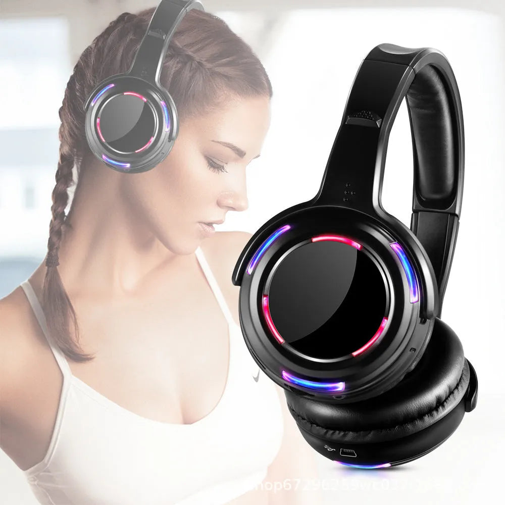 Black wireless silent disco headphones with head-mounted design and a 3.5mm plug