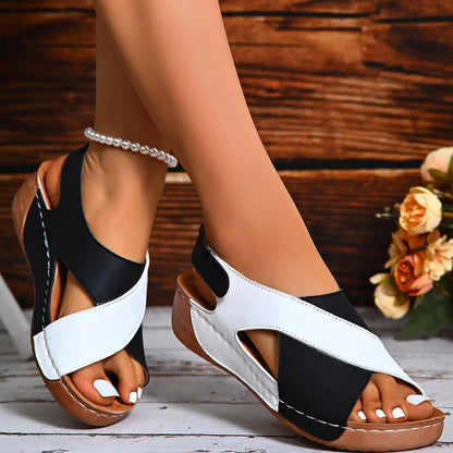 Women's summer wedges sandals with colourblock cross-strap design in various colours