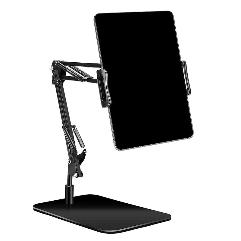 Black adjustable phone stand with 23cm long arm and weighted base for desktop use