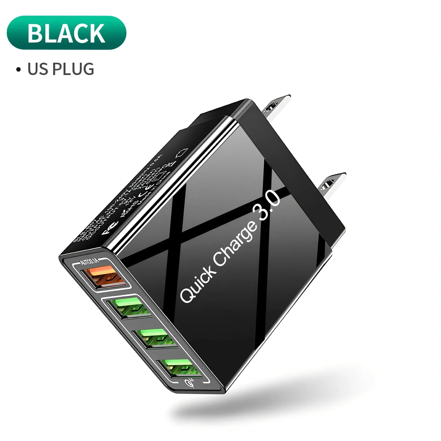 Black 4-port USB QC3.0 fast charger with 3100mA output for mobile phones and devices