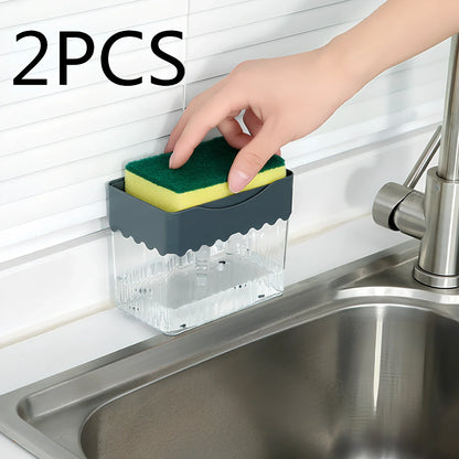 Dark blue 2-in-1 soap dispenser and sponge caddy unit on kitchen counter with measuring tape showing 13.5cm diameter