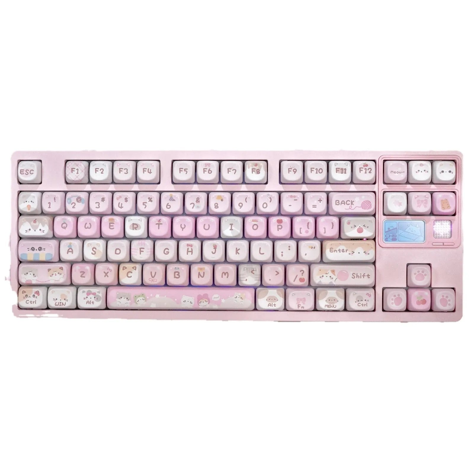 Pink cartoon design MOA profile mechanical keyboard keycaps showing print on top and sides