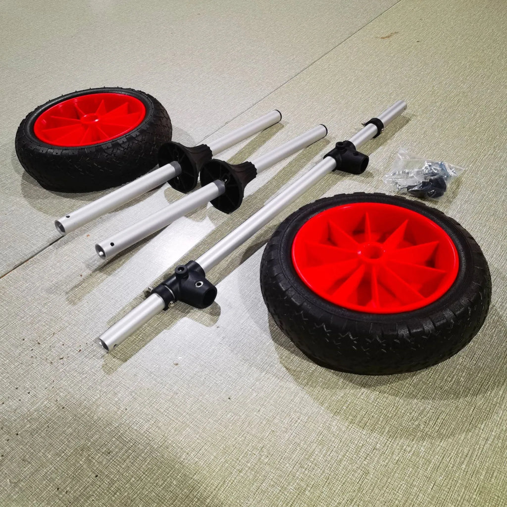 Foldable aluminium kayak beach trailer with rubber wheels and an upright plug-in pole for boat transport.