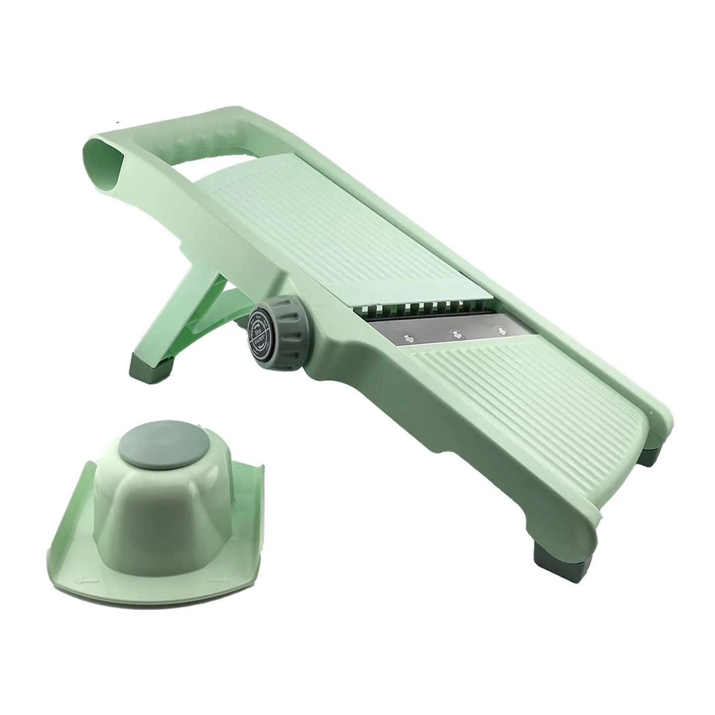Adjustable vegetable slicer with stainless steel blade in mint green