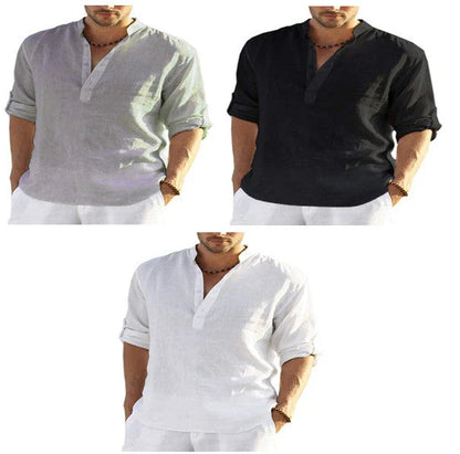 A stylish linen blend long sleeve shirt in various colors, featuring a tailored fit and stand collar design.