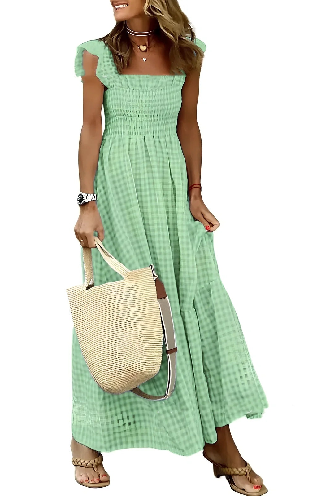 Summer plaid print pleated ruffle sleeveless A-line beach dress in sky blue, 134cm length, polyester fabric for women sizes S-3XL