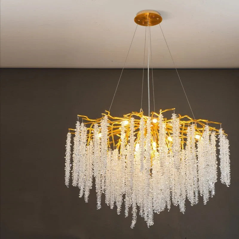 Luxury-style aluminium alloy crystal chandelier with LED lights and adjustable suspension.