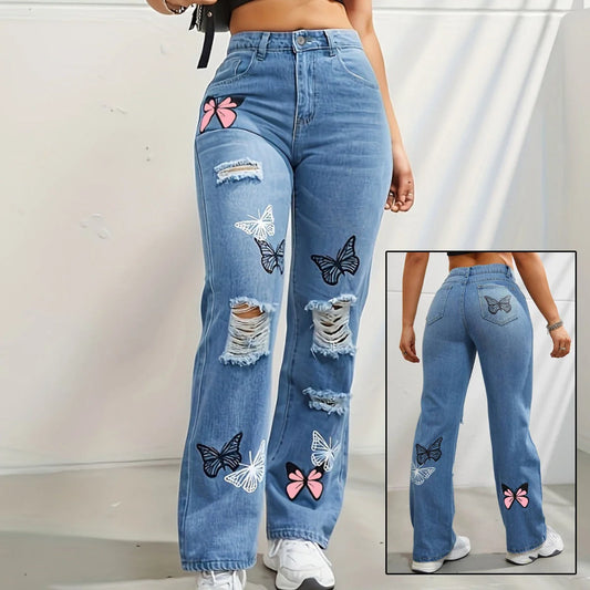 Women's high-waisted straight-leg jeans with butterfly print and distressed details